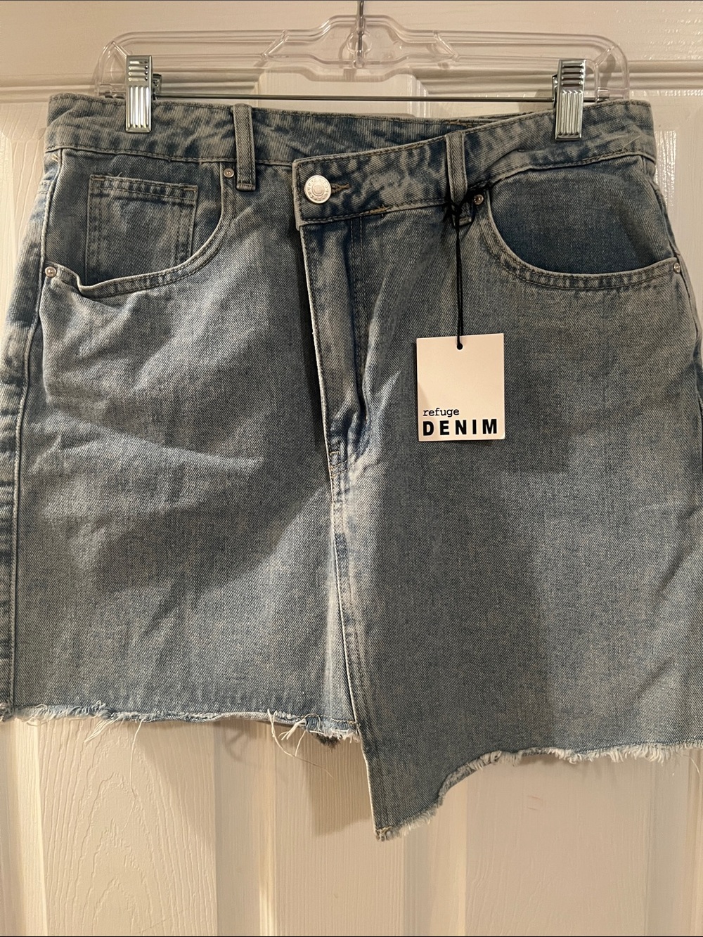 refuge Light Wash Asymmetrical Raw-Hem Denim Mini Skirt